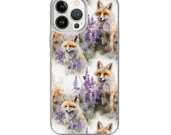 Fox Lavender Flower Wildlife-telefoonhoesje voor iPhone® | Doorzichtig telefoonhoesje | Telefoonhoesje vosbloem | Telefoonhoesje aquarel