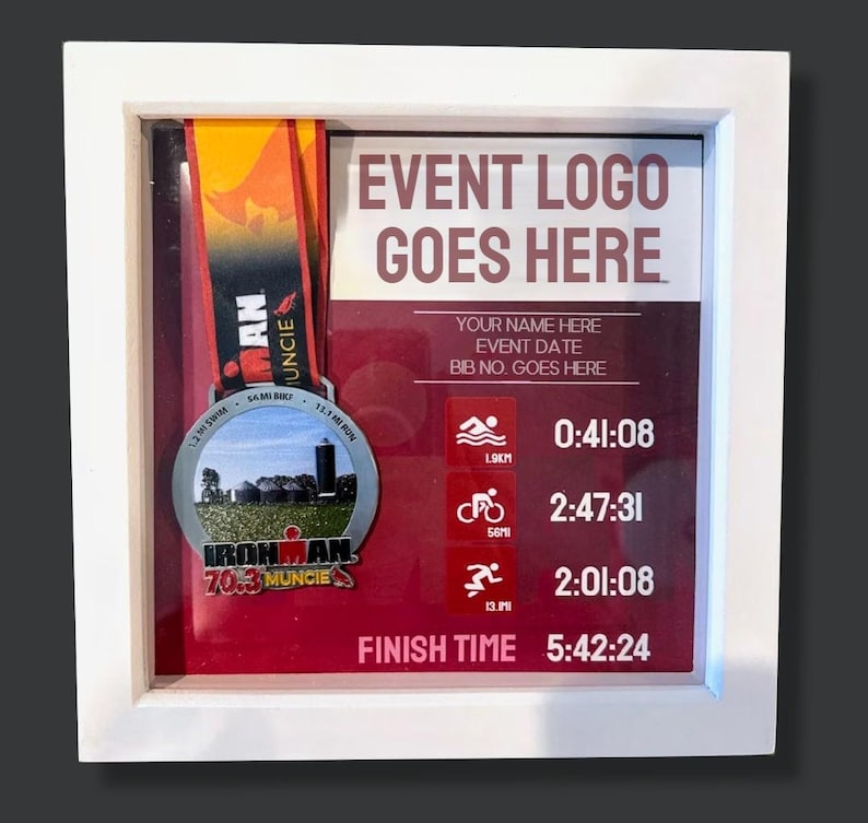 May include: A framed Ironman 70.3 Muncie race medal. The medal is silver with a colorful ribbon. The frame includes event details, such as the event logo, name, date, and finish times: 0:41:08, 2:47:31, and 2:01:08, with a total finish time of 5:42:24.