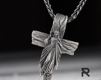 Mens Sterling Silver Jesus Cross Pendant - Divine Protection Faith Religious Jewelry Gift