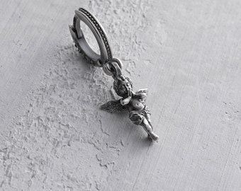 Angel Wing Celestial Silver Hoop Earring | Men’s Spiritual Guardian | Religious Holiday Gift