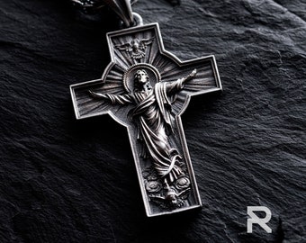 Sterling Silver Jesus Cross Pendant: Resurrection Crucifix Necklace