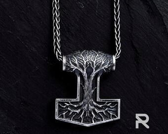 Sterling Silver Thor's Hammer Pendant: Tree of Life Necklace