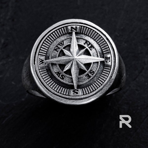 SILVER COMPASS RING, North Star Ring, Polar Star Ring, Compass Jewelry, Cool Mens Signet Ring, Artisan Jewelry