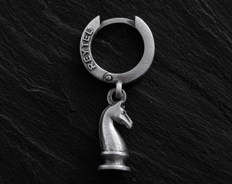 Chess Knight Warrior Silver Hoop Earring | Men’s Medieval Strategy Symbol | Strategic Holiday Gift