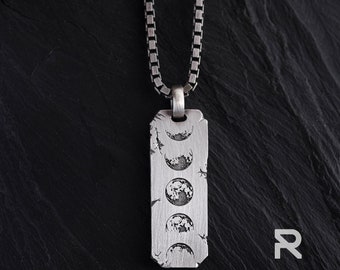 Mens Silver Moon Phase Pendant - Sterling Brushed Celestial Cosmic Spiritual Chain Necklace Gift