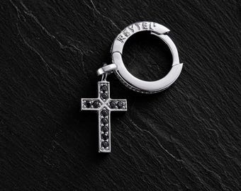 Men’s 14K White Gold Cross Earring with Black Stones | Gothic Religious Statement Stud | Luxury Handcrafted Jewelry