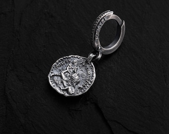 Ancient Roman Coin Silver Hoop Earring | Men’s Historical Power Symbol | Classic Holiday Gift