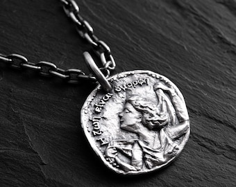 Male Silver Greek Coin Pendant Handmade – Sterling Ancient Historical Necklace, Birthday Gift
