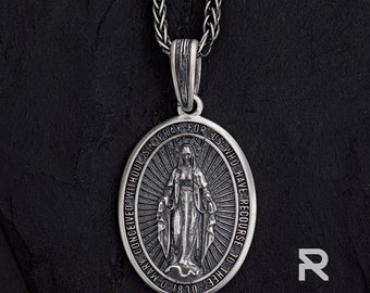 Mens Silver Virgin Mary Cross Pendant - Sterling Gothic Religious Catholic Necklace Jewelry Gift