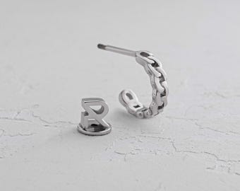 Men’s 14K White Gold Chain Earring | Masculine Link Dangle Stud | Handcrafted Luxury Statement Jewelry