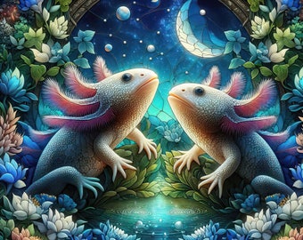 Cute Axolotl Art Print Poster #50 -12&quot;x12&quot; 3D Hi-res on Red River 66lb. Palo Duro Satin professional paper, stained glass style unframed