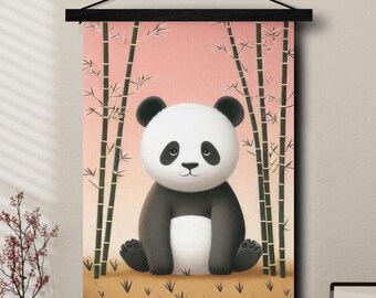 Schattige kinderkamer panda hangende muurkunst print | Canvas wanddecoratie pandabeer | Roldoek in Japanse kunststijl | Pandadecor voor kinderen.