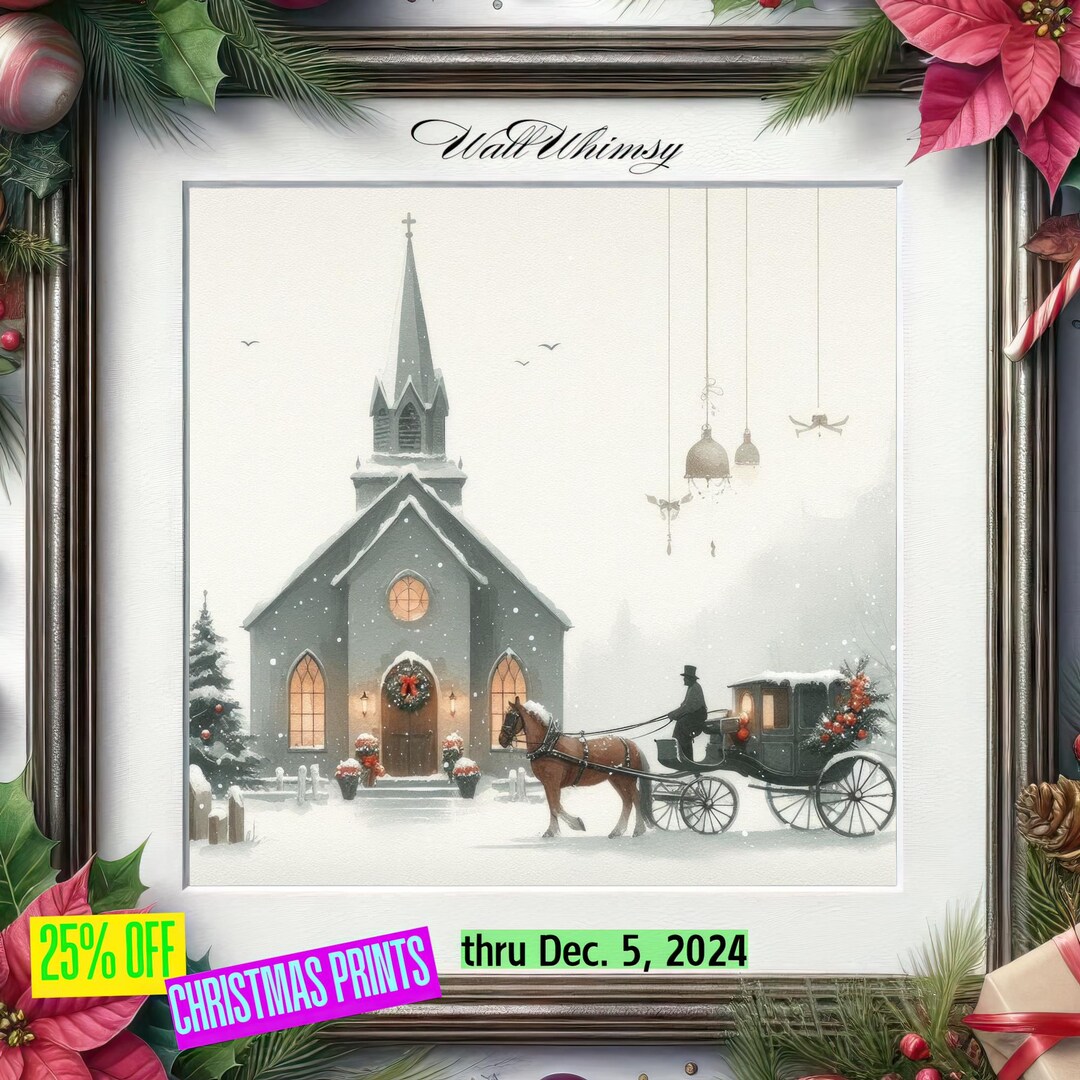 Watercolor Church Art With Horse Drawn Carriage Christmas Wall ...