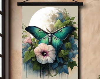 Luna Moth Moonflower Vine Opknoping Canvas Bamboe Frame Scroll art voor New Home kerstcadeau | Familiekamer | Woonkamerkunst | Boho-canvas