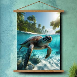 May include: A green sea turtle swims in clear blue water with a sandy bottom. The turtle is in the foreground of the image, with palm trees and a bright blue sky in the background.