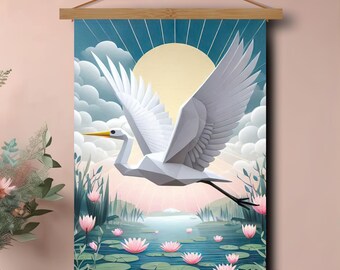 Hangende roldoek origami ooievaar in Japanse di-stijl Gedrukte kunstwerken |Kinderkamer | Kwekerij | Familiekamer | Woonkamerkunst | Slaapkamerdecoratie