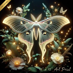 Luna Moth Wall Art Print - Floral Elements Nighttime Glow on 12&quot;x12&quot; Nature Print - Unique Gift for Bohemian-Inspired Home Decor Enthusiasts