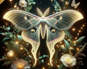 Luna Motte Wand Kunst Druck - Florale Elemente leuchten bei Nacht auf 30x30cm Natur Druck - Einzigartiges Geschenk für Boho-inspirierte Wohnkultur Enthusiasten