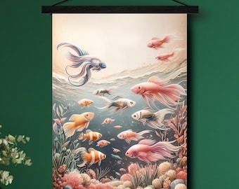 Japanese Beta Fish art Canvas wall hanging for Kid's room, den, playroom, living room. Great his or hers gift for Christmas and Birthday.