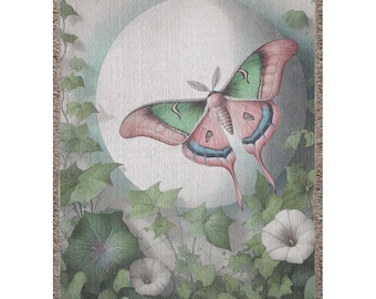 Boho Fashion Luna Moth Luxury Woven Blankets featuring Moonflower and ivy vine aesthetic design