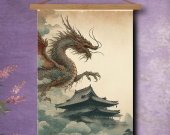 Op de afbeelding: Een aquarel van een groene en bruine draak die over een traditionele Japanse tempel vliegt. De draak is afgebeeld met een woeste uitdrukking en scherpe klauwen. De tempel is een meerlaags gebouw met een gebogen dak en ingewikkelde details.