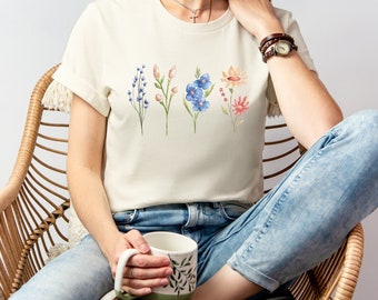 Boho Watercolor Flower Shirt, Wildflower Mix, Soft and Light T-Shirt, Vintage Style Cottagecore, Boho Floral Tee, Comfy Clothing, Botanical