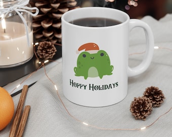 Frog Mug, Holiday Pun Frog Mug, Toad Cup, Hoppy Holidays, Christmas, Frog Lover Gift, 11oz Ceramic Mug, Cottagecore, for Girlfriend