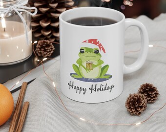 Frog Mug, Holiday Pun Frog Mug, Punny Cup, Hoppy Holidays, Christmas, Frog Lover Gift, 11oz Ceramic Mug, Cottagecore, for Girlfriend
