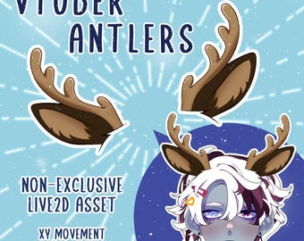 Könnte beinhalten: Eine digitale Illustration eines Paares brauner Geweihs vor einem funkelnden blauen Hintergrund. Der Text "VTUBER ANTLERS" befindet sich oben im Bild. Der Text "NON-EXCLUSIVE LIVE2D ASSET" befindet sich in der Mitte des Bildes. Der Text "XY MOVEMENT BOUNCE & SWAY" befindet sich unten im Bild.