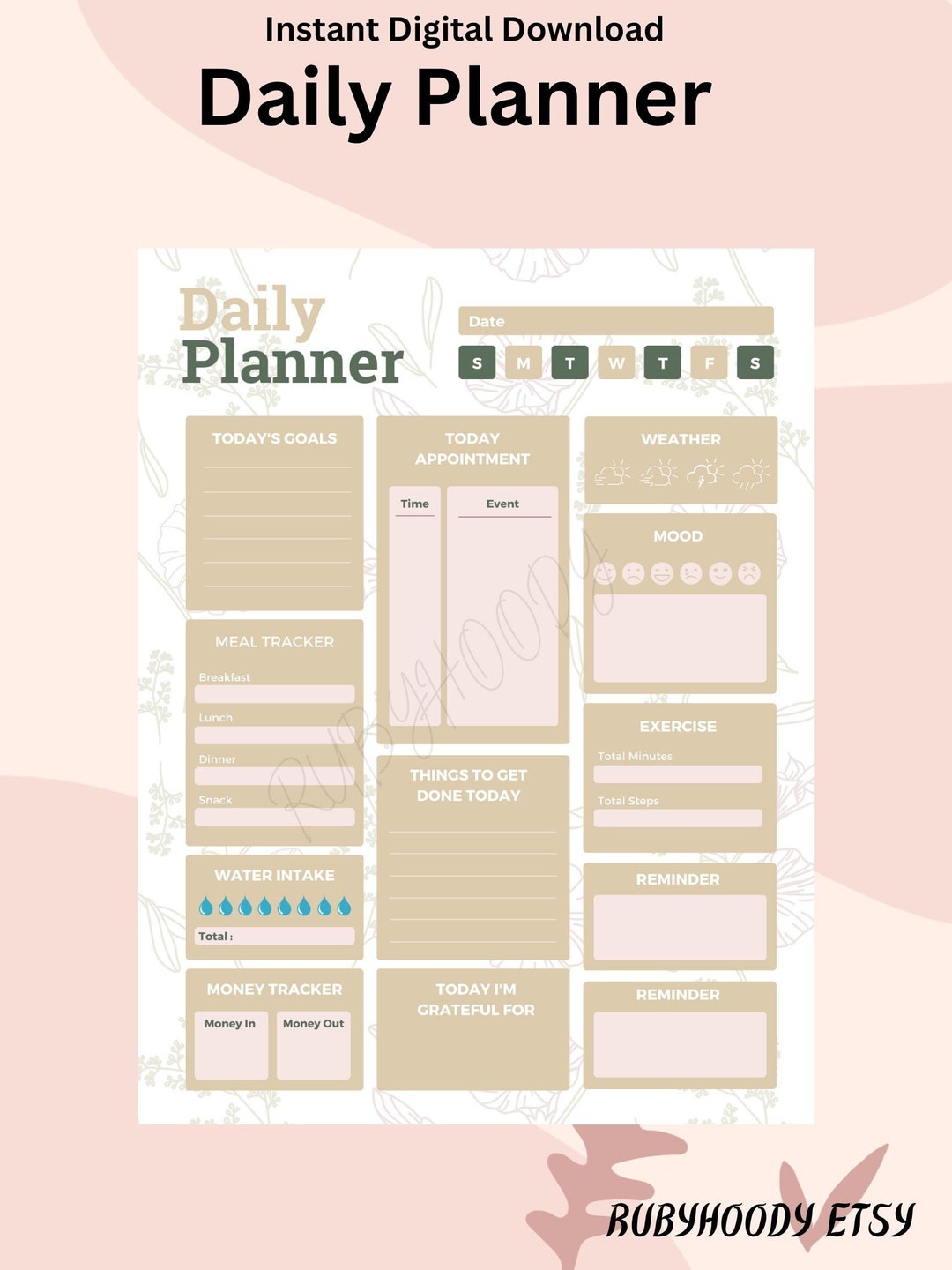 Daily Planner Printable, Daily Planner With Exercise, Water, and Meal ...