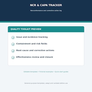 May include: An NCR & CAPA Tracker document featuring a quality toolkit preview with checkmarks for issue and evidence tracking, containment and risk fields, root cause and corrective actions, and effectiveness review and closure.