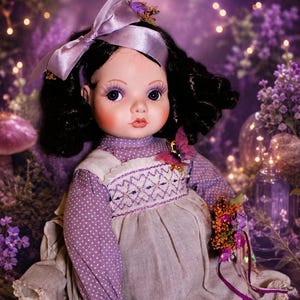 May include: A vintage doll with black curly hair, wearing a lavender dress with white polka dots and a white embroidered bodice. The doll has a lavender bow, purple eyes, and is holding a small bouquet of flowers. The background is a soft purple with fairy lights.