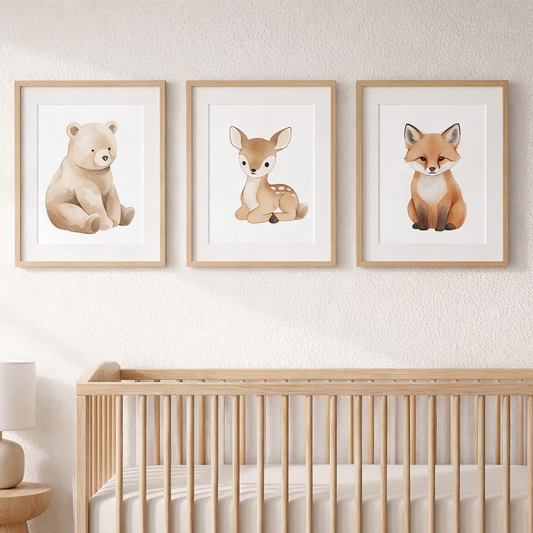 Woodland Nursery Wall Art Set, Bear Deer Fox Prints, Neutral Baby Room ...
