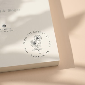 Tampon LIVRE personnalisé · Tampon fleur de naissance · Tampon auto-encreur · Tampon personnalisé · Tampon bibliothèque · Cadeau pour amoureux des livres · Cadeau pour la fête des Mères