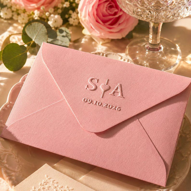 May include: A pale pink envelope featuring embossed initials "S&A" and the date "09.10.2026". The envelope is closed. Pink roses and a glass are in the background. The envelope is on a white surface.