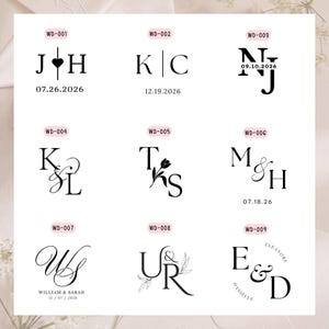 May include: Nine black wedding monograms, each featuring different letter combinations and dates. The designs include initials with decorative elements such as hearts and flowers, ideal for personalised wedding stationery.