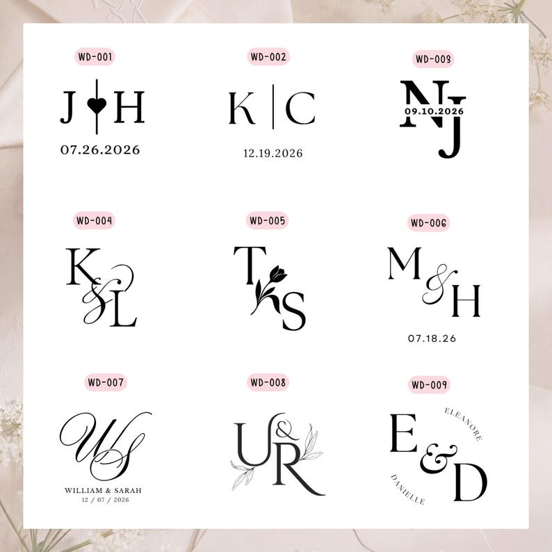 May include: Nine black wedding monograms, each featuring different letter combinations and dates. The designs include initials with decorative elements such as hearts and flowers, ideal for personalised wedding stationery.