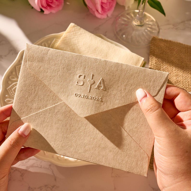 May include: A beige envelope with embossed initials "S&A" and the date "09.10.2026". The envelope is held by a person's hands, resting on a white plate with a floral design. A napkin and a piece of burlap are in the background.