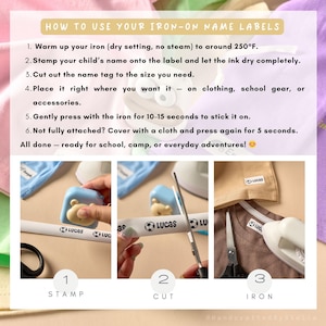 May include: Instructions for applying iron-on name labels. Steps include stamping the name, cutting the label, and ironing it onto clothing or accessories. The image shows a blue stamp with a bear design, scissors, and an iron. The text reads "LUCAS".