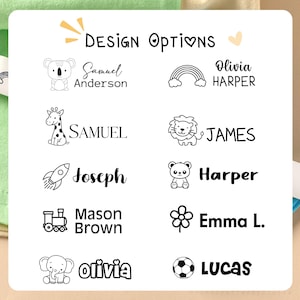 May include: A white square with the words "DESIGN OPTIONS" and various design options for personalized items. Designs include a koala, rainbow, giraffe, lion, rocket, bear, train, flower, elephant, and soccer ball, each paired with a name.