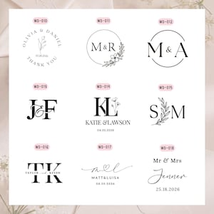 May include: Nine wedding-themed designs in black and white, featuring names, initials, and dates. The designs include names such as Olivia & Daniel, Katie & Lawson, and Matt & Luisa. Each design uses different fonts and floral accents.