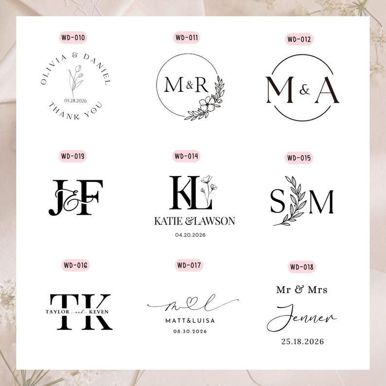 May include: Nine wedding-themed designs in black and white, featuring names, initials, and dates. The designs include names such as Olivia & Daniel, Katie & Lawson, and Matt & Luisa. Each design uses different fonts and floral accents.