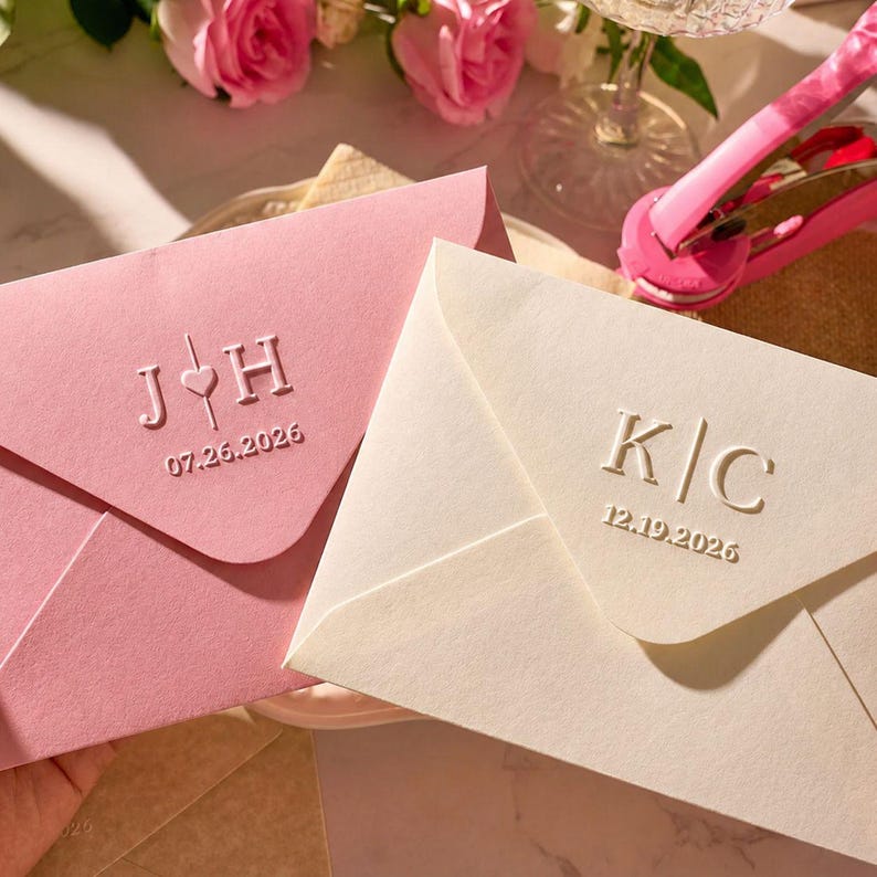 May include: Two envelopes, one light pink and one off-white, with embossed initials and dates. The pink envelope features "J&hearts;H" and "07.26.2026". The off-white envelope displays "K|C" and "12.19.2026". Suitable for wedding invitations or announcements.
