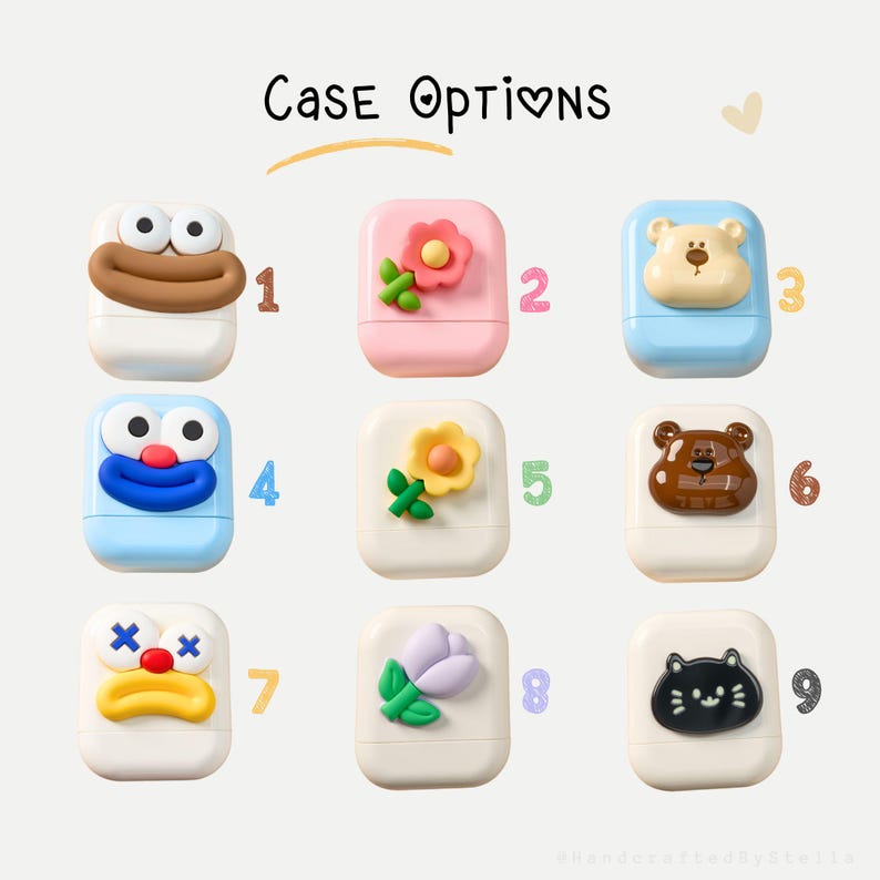 May include: Nine colorful AirPod case options are displayed, each with a unique design. The cases feature cartoon characters, flowers, and a cat. The text "Case Options" is at the top. The cases are numbered 1 through 9.