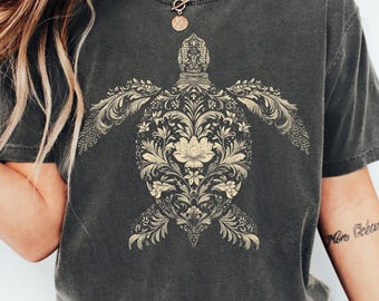 Comfort Colors Floral Sea Turtle Shirt, Vintage Folk Art Ocean Wildlife Tee, Boho Botanical Coastal Marine Life Gift for Turtle Lovers