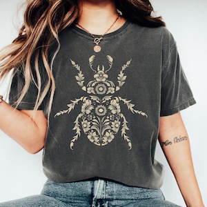 Floral Stag Beetle Shirt Comfort Colors, Boho Insect Graphic Tee, Fall Beetle Folk Art Shirt, Vintage Bug Top, Autumn Nature Lover Gift Tee