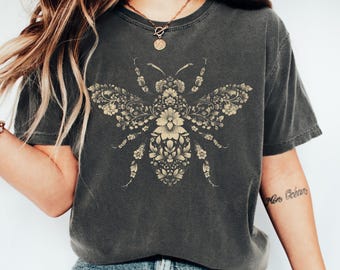 Floral Bee Shirt Comfort Colors, Boho Cottagecore Tee, Vintage Folk Art Graphic Top, Nature Inspired T-shirt, Woodland Insect Shirt Women