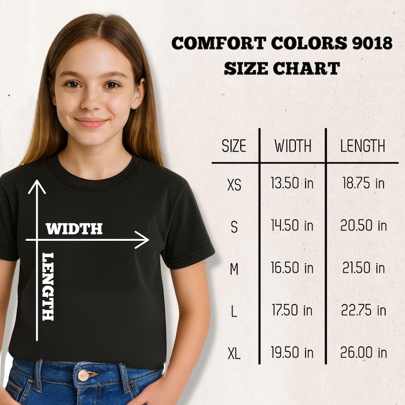 May include: A black t-shirt with a size chart for Comfort Colors 9018. The chart lists sizes XS to XL with corresponding width and length measurements in inches. A young person is wearing the t-shirt.