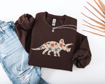 Floral Triceratops Sweatshirt, Botanical Dinosaur Sweater, Cute Dino Crewneck, Paleontology Gift, Prehistoric Animal Shirt For Women