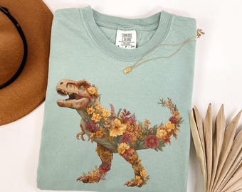 Comfort Colors Floral Dinosaur Shirt, T Rex Botanical Tee, Boho Prehistoric Animal Shirt, Paleontology Gift, Dinosaur Lover Tee For Women